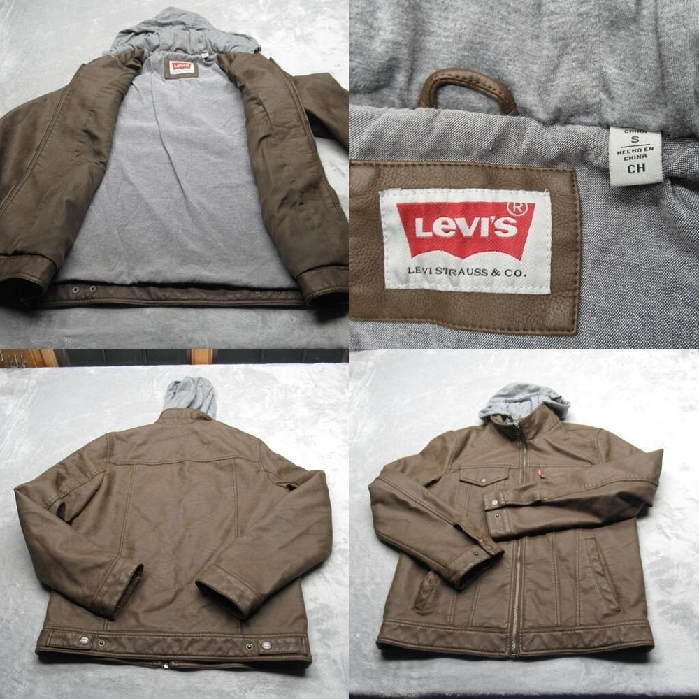 Levis Faux Leather Jacket Men Small Brown Hooded Pockets Full Zip Trucker Warm